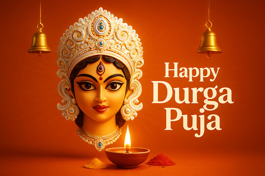 Happy durga puja greeting card with a 3d illustration of maa durga's head, hanging bells, and a lit diya against a vibrant orange background