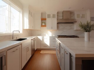 Bright, modern kitchen with white cabinetry and a large island.