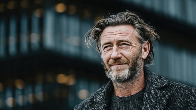 Mature businessman using smartphone while standing outside, smiling confidently