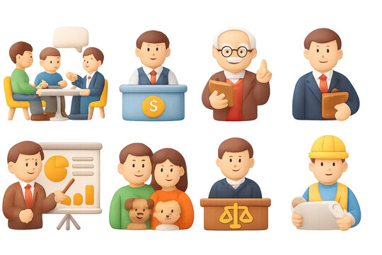 Diverse professions icon set featuring animated characters in gradient style