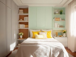 A cozy bedroom with a light green wall and yellow accents.