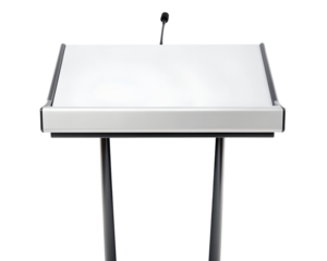 Presentation podium crafted with wood and metal frame, isolated on white background.