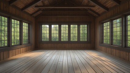 Tranquil, wooden interior room with large windows showcasing a lush green forest.