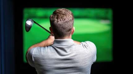 Golfer Practicing Swing in Indoor Simulator Against Green Background