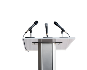 Presentation podium crafted with wood and metal frame, isolated on white background.