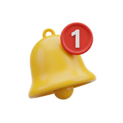 3d icon of 3d rendering of a yellow notification bell with a red circle showing the number one, isolated on transparent background