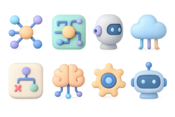3d futuristic technology icons featuring ai, robotics, and cloud computing