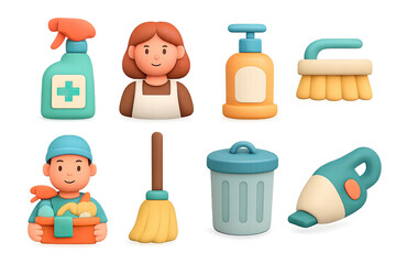 Colorful cleaning characters and tools in modern 3d cartoon style