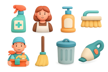 Colorful cleaning characters and tools in modern 3d cartoon style