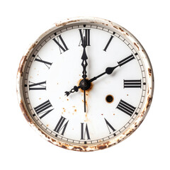 An old, rusted wall clock with Roman numerals showing 7:03 on a white face. Suitable for spooky Halloween themes and holiday crafts.
