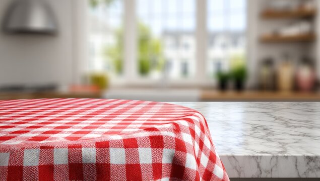 Red checkered tablecloth on marble kitchen countertop. Blurry kitchen background