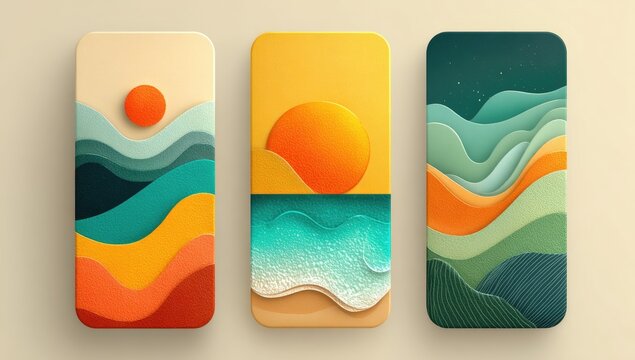 Three phone-sized art pieces, showcasing layered, paper-cut-like landscapes. 