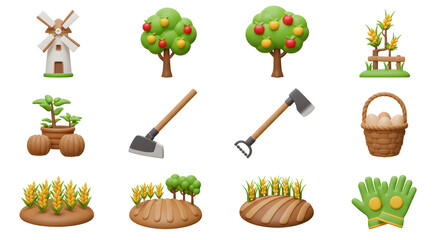 A cute 3D icon collection representing farming life, agriculture concepts, and gardening elements for digital design
