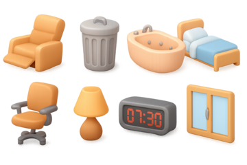 Cozy home essentials: isometric 3d icons of furniture and appliances