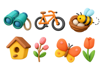 Colorful spring icons: binoculars, bicycle, bee, birdhouse, blossoms, butterf…