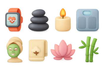 Soft 3d icons of wellness items including smartwatch, candle, and yoga elements