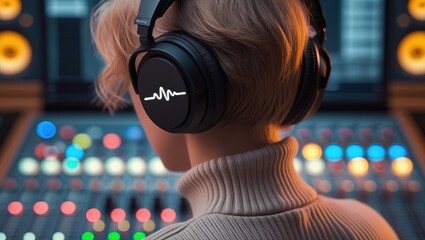 Person wearing headphones, focused on a sound mixing console in a recording .