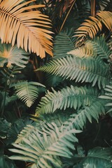 Oversized ferns arranged in deco symmetry, cinematic pastel tones