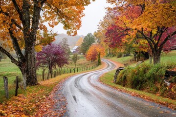 Obraz premium Autumnal country road winds through colorful trees