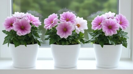 Beautiful Pink and White Flowers in Pots by Bright Window