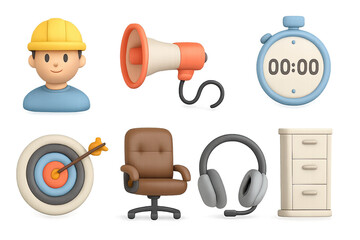 3d cartoon style work and office icons collection