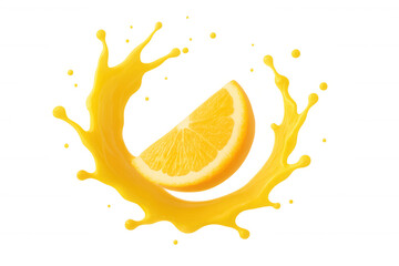Vibrant orange wedge diving into spinning citrus juice splash, creating dynamic liquid ring on clear backdrop