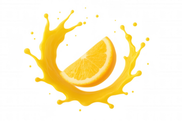 Vibrant orange wedge diving into spinning citrus juice splash, creating dynamic liquid ring on clear backdrop