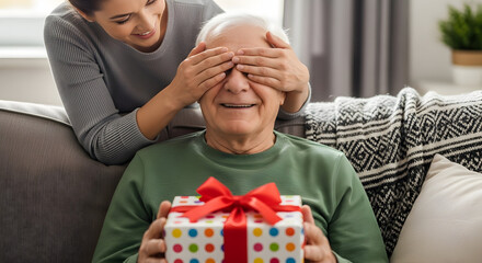 Granddaughter surprises grandpa with a colorful gift creating a cherished moment filled with joy