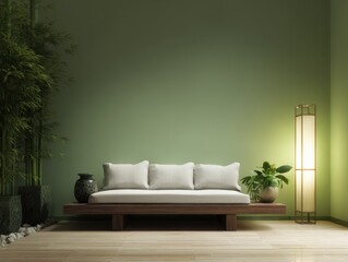 A minimalist, zen-inspired living room with a low couch and a floor lamp.