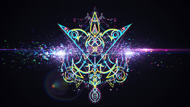 Geometric Neon Emblem with Lens Flare and Particle Effects