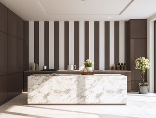 Modern kitchen with a striped wall and marble island.