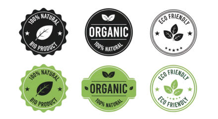 Set of Six Vector Organic, Natural, and Eco Friendly Product Badges and Logos isolated on white