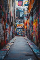 Fototapeta premium Street art alley filled with vibrant graffiti walls, cinematic wide shot