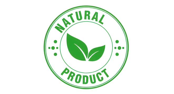 Isolated Green Vector Stamp with Leaves for "NATURAL PRODUCT" Certification or Guarantee