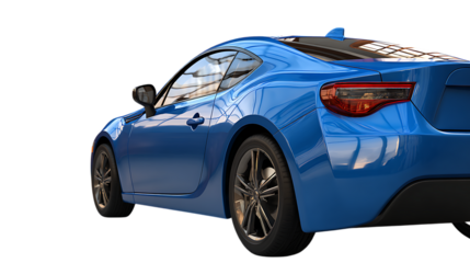 Blue sports car rear quarter view isolated on transparent background