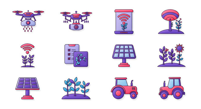 Collection of colorful icons representing modern agricultural innovation, including smart technology and automated farming equipment