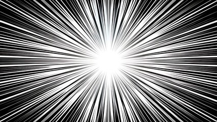 Fototapeta premium Black anime speed lines on white. Radial comic light speed lines. Velocity lines, flash action concept. High-speed, black and white speed lines. Manga anime background.