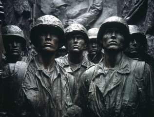 Naklejka premium Weathered Bronze Soldier Sculptures at a War Memorial