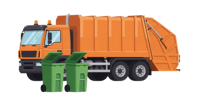 Flat isolated orange garbage truck with two green plastic trash cans