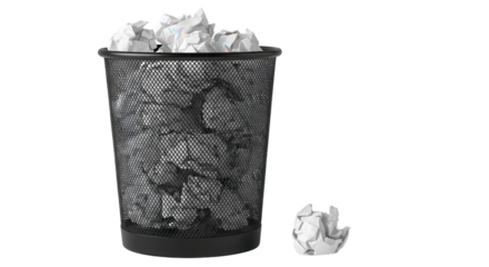 Full trash can overflowing with crumpled paper balls isolated PNG with Transparent Background