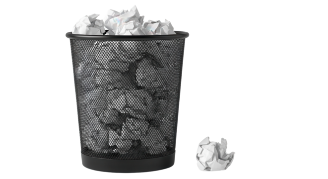Full trash can overflowing with crumpled paper balls isolated PNG with Transparent Background