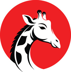 Stylized giraffe head against a bold red circle background