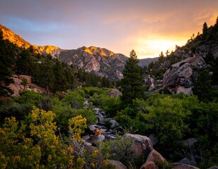 Mountain valley at sunset