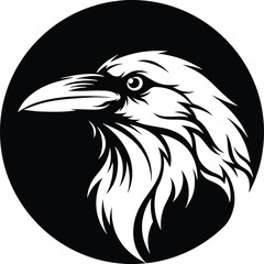 Stylized black and white raven head emblem