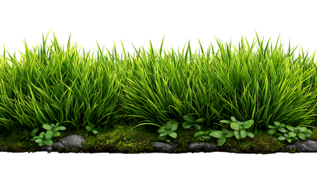 Lush green grass and small plants growing on a rocky edge isolated on transparent background