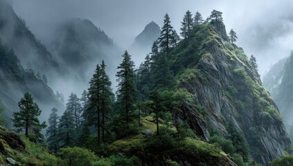Fototapeta premium Misty mountain peaks, dense forests, and rocky terrain