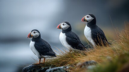 Fototapeta premium Tres frailecillos se alzan sobre un promontorio rocoso, con el mar como telón de fondo.