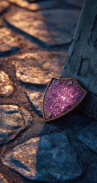 Pink gem shield on stone path