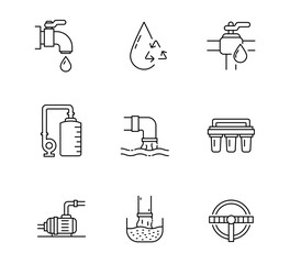Set of Water Treatment icon, Water infrastructure, plumbing Symbol Outline icon Editable Stroke