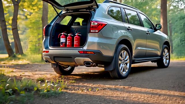 Silver SUV parked outdoors with open trunk showing emergency fire extinguishers during road safety preparation trip